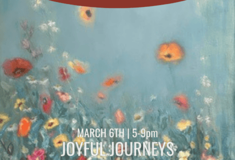 Promotional graphic for the Joyful Journeys spring art show at Osmosis Gallery in Niwot, Colorado. Soft, impressionistic floral painting in vibrant colors with the event details: March 6th, 5–9pm, featuring Pamela Cuming at 290 2nd Avenue.