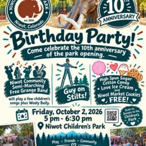 Flyer for the Niwot Children's Park 10th Anniversary Birthday Party. Features the park's mammoth logo and a photo of the park's mammoth sculpture. Text reads: "Birthday Party! Come celebrate the 10th anniversary of the park opening." Event details: Niwot Community Semi-Marching Free Grange Band performing children's songs, a guy on stilts, and free cotton candy, ice cream, and cookies. Friday, October 2, 2026, 5-6:30 pm at Niwot Children's Park. Includes a QR code to donate to the park and the Niwot Cultural Arts Association logo with website niwotarts.org. Bottom photos show past park events and a crowd of children at the park entrance.
