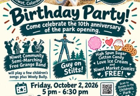 Flyer for the Niwot Children's Park 10th Anniversary Birthday Party. Features the park's mammoth logo and a photo of the park's mammoth sculpture. Text reads: "Birthday Party! Come celebrate the 10th anniversary of the park opening." Event details: Niwot Community Semi-Marching Free Grange Band performing children's songs, a guy on stilts, and free cotton candy, ice cream, and cookies. Friday, October 2, 2026, 5-6:30 pm at Niwot Children's Park. Includes a QR code to donate to the park and the Niwot Cultural Arts Association logo with website niwotarts.org. Bottom photos show past park events and a crowd of children at the park entrance.