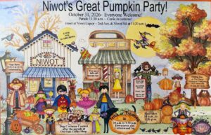 Watercolor poster for Niwot’s Great Pumpkin Party on October 31, 2026. Kids in Halloween costumes, puppies and a black cat gather in front of storybook Old Town shops, with pumpkins, hay bales, a scarecrow, a witch flying past a full moon and a bright orange autumn tree. Full event schedule is listed below.