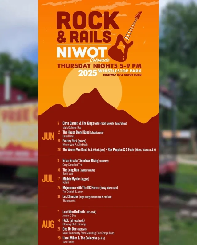 Rock & Rails 2025 Official Line Up ☀️🎸

This free concert series is held in Whistlestop Park every Thursday from 5PM-9PM between June 5th and August 28th!

Things to Know Before You Go:

NO OUTSIDE ALCOHOL IS ALLOWED IN THE PARK. Personal bags and coolers are screened at the entrance gate. We will ask that you dispose of all outside alcohol or return it to your car before entering the park.

No alcohol is allowed to leave the enclosed area of Whistle Stop Park. No alcohol is allowed to cross-over the road to the Children’s Park. All alcohol must be disposed of before leaving the enclosed area of Whistle Stop Park.

NO DOGS ALLOWED, with the exception of service dogs. Rock & Rails is loud and crowded and is not the best choice for dogs.

A variety of food trucks and local beer vendors serve Rock & Rails patrons so bring cash for easy purchasing.
Portable chairs and blankets are allowed. Please be kind and respectful to your neighbors and to the Park.

___

#niwot #niwotco #niwotcolorado #longmont #longmontcolorado #boulder #bouldercolorado #eriecolorado #lovelandcolorado #denvercolorado  #erieco #colorado #frontrange #noco #lafayettecolorado #boulderco #gunbarrelcolorado #rockandrails #rockandrailsniwot #rockandrailsniwotco #freeconcertboulder #musicfestival #musicfestivalboulder #musicfestivalcolorado #outdoorconcertcolorado #outdoorconcertboulder #musicfestivallife #thingstodocolorado #thingstodoniwot #familyfunboulder