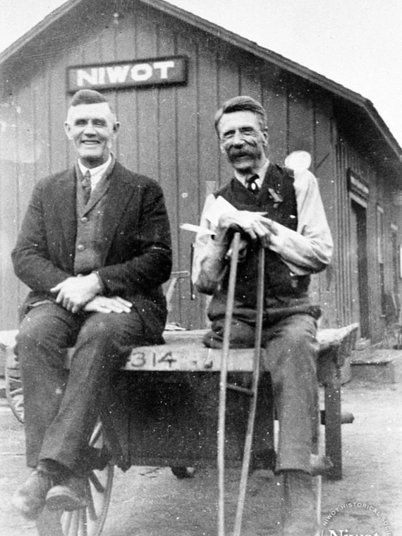 Sharing Niwot History: Faces of Early Niwot

Photo 1: L-R: J.W. Madden and Will T. Wilson, March 2, 1920. Wilson was a Niwot Depot agent at the time.

Photo 2: Louise Newell, 1939. Louise and her husband Fred operated Newell’s grocery store in Niwot, in the old post office building next to the grange hall.

Photo 2: Joe Archuleta at Niwot Depot, with the Beet Ramp in the background. He lived on the Hornbaker farm and worked at the Depot in the 1920s. No family.

Photo 4: Guy Dodd was the cashier at Niwot State Bank from early 1920s until 1931. Date of Photo: Pre 1931

_______
 📜 This year our town is celebrating its 150th Anniversary, or Sesquicentennial. This milestone marks the recording of the town plat of Niwot by Ambrose Murray and Porter Hinman on March 30, 1875.

#niwot #niwotcolorado #niwotsesquicentennial #coloradohistory #boulderhistory #nativehistory #americanhistory #historicbuildings #historytrivia
