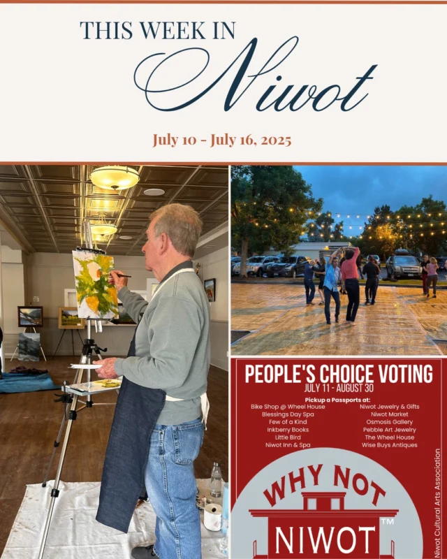 We have your weekend already planned: 💃🎶🎨 Get the details on First Friday Art Walk, People's Choice, Dancing Under the Stars and more! 

#niwot #niwotcolorado #supportlocal #smallbusiness #coloradosmallbusiness